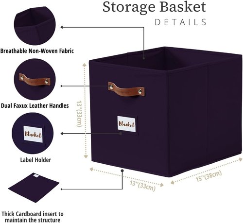 DECOMOMO Storage Baskets - 13x15x13 Cube Bins with Labels for Organized Shelves | Deep Violet (4pcs)
