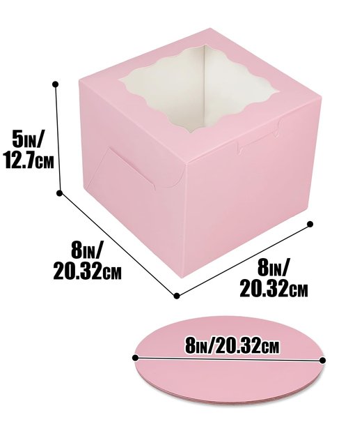 Bakepacker 8x8x5 Inches 36pcs Matte Pink Cake Boxes with Window 18-Packs (18 Boxes +18 Cake Boards Included)