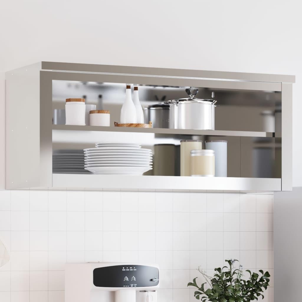 vidaXL Stainless Steel Wall-Mounted Kitchen Cabinet - Silver, 43.3""x15.7""x18.1"", Shelf Storage for Restaurants & Commercial Kitchens, 376445