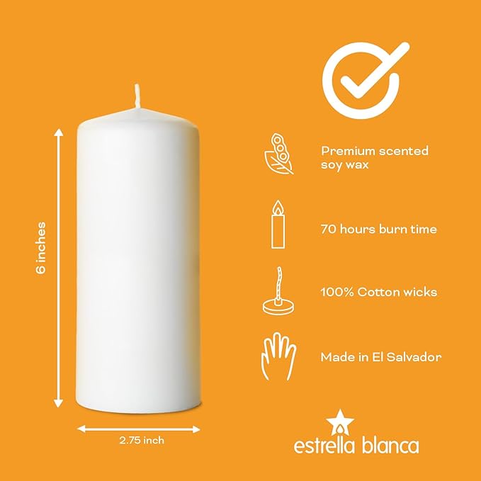 Unscented White Pillar Candle Bulk 3x6, 6 Pack, Long Lasting 70 Hour Burn, Wax Pillar Candles for Home Decor, Smokeless Dripless Candle for Dinner Table, Wedding, Bathroom