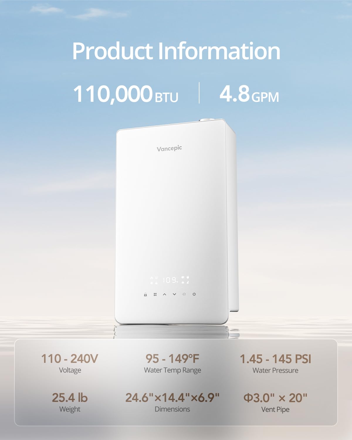 VancEpic Natural Gas Tankless Water Heater Indoor - Max 4.8 GPM 110,000 BTU, on Demand Instant Hot Water Heater with LED Display, 3-5 Point Use for Family, Silent operation, Child lock design
