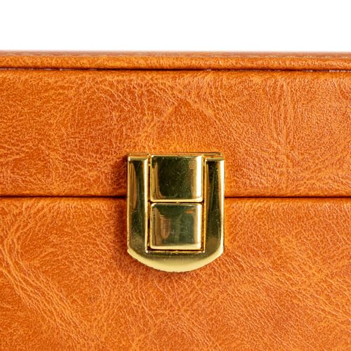 Household Essentials Vegan Leather 2-Layer Jewelry Organizer Box with Clasp Closure, Caramel Color