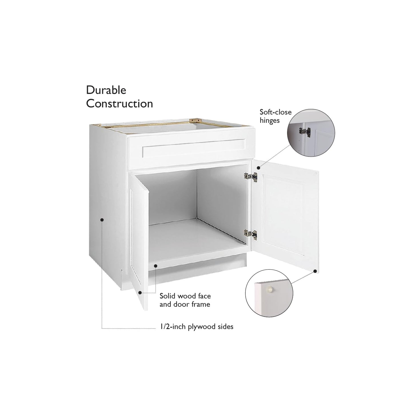Design House Brookings Shaker Fully Assembled Sink Base Kitchen Cabinet SB42, 42 W x 24 D x 34.5 H, Painted White, Solid Wood, Design House, 613307