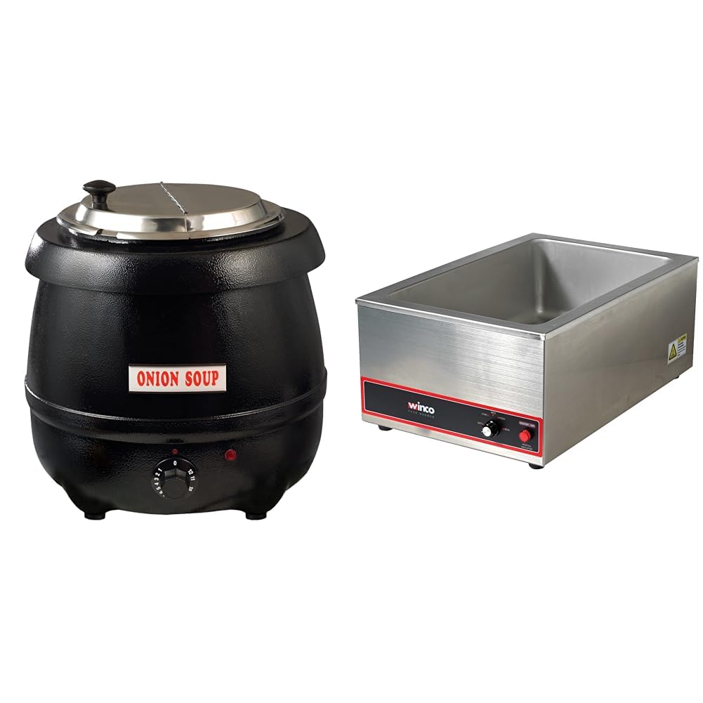 Winco Electric Soup Warmer, 10.5-Quart,Black & FW-S500 Commercial Portable Steam Table Food Warmer 120V 1200W,Stainless Steel,Large