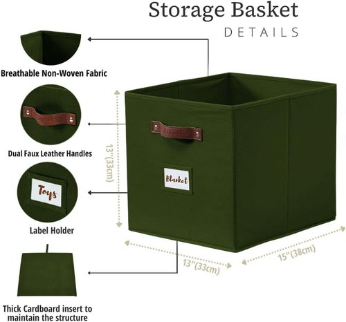 DECOMOMO Storage Baskets - 13x15x13 Cube Bins with Labels for Organized Shelves | Olive Green (4-Pack)
