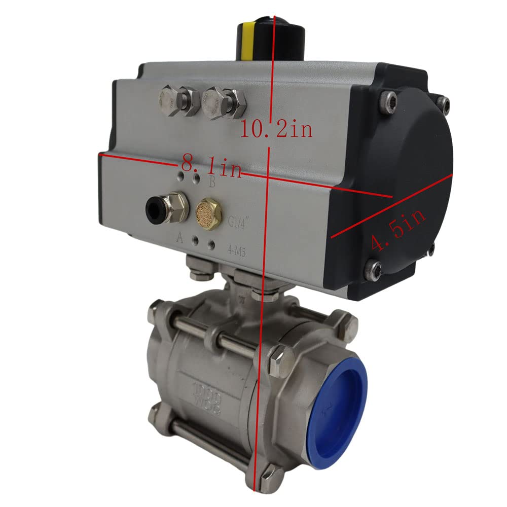 INTSUPERMAI Three-Piece 2inch Pneumatic Actuated Ball Valve Single Acting Globe Threaded 304 Stainless Steel for Automatic Control System