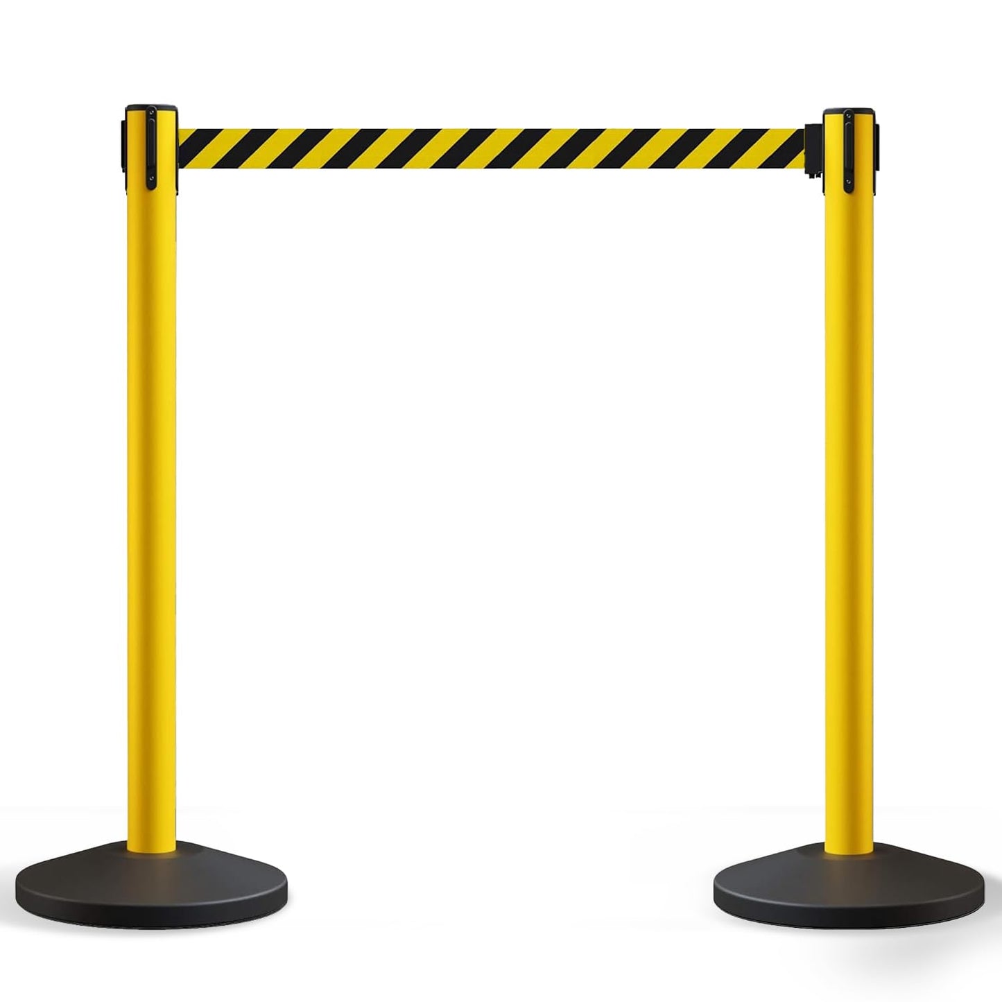 Crowd Control Warehouse Set of 2 Stanchion Retractable Belt Barriers, 11 Foot Black & Yellow Belt Barrier with 40” Yellow Posts, Premium Barriers with Heavy Duty Concrete Base, CCW Series RBB-100