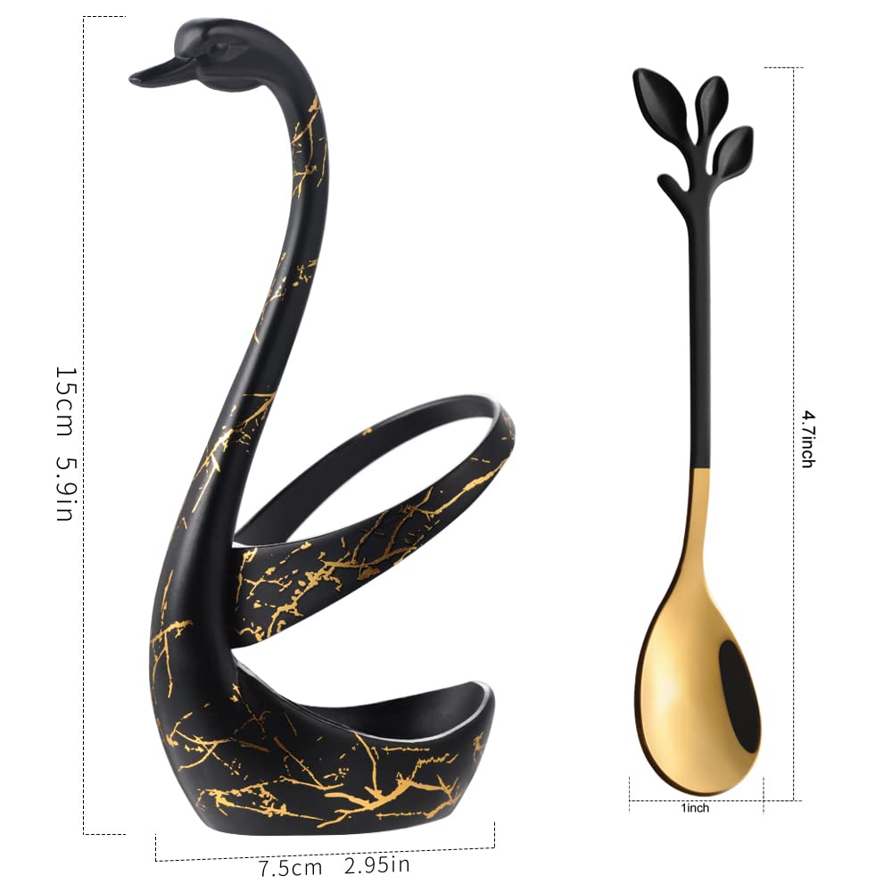 AnSaw Small Coffee Spoon Holder Set,Black Swan Base With 10 Pcs Black & Gold Demitasse Espresso Spoons Set,4.7" Mini Leaf Dessert Spoon,Stainless Steel Tea Spoons