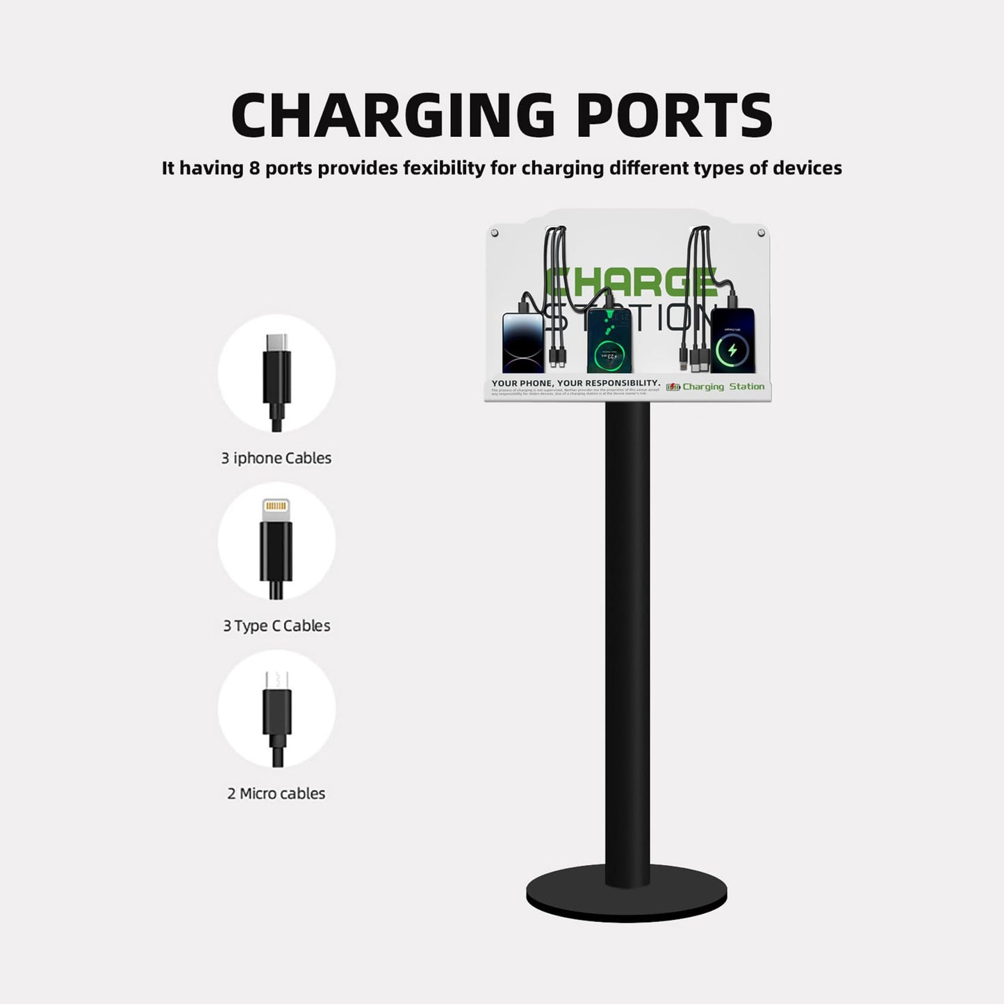 Floor Stand Cell Phone Charging Station Mobile Phone Charging Station | Fast Charging 8 Device | Compatible with Apple Tablets Android Port | Great for Offices Hotel Hospital Airport (White)