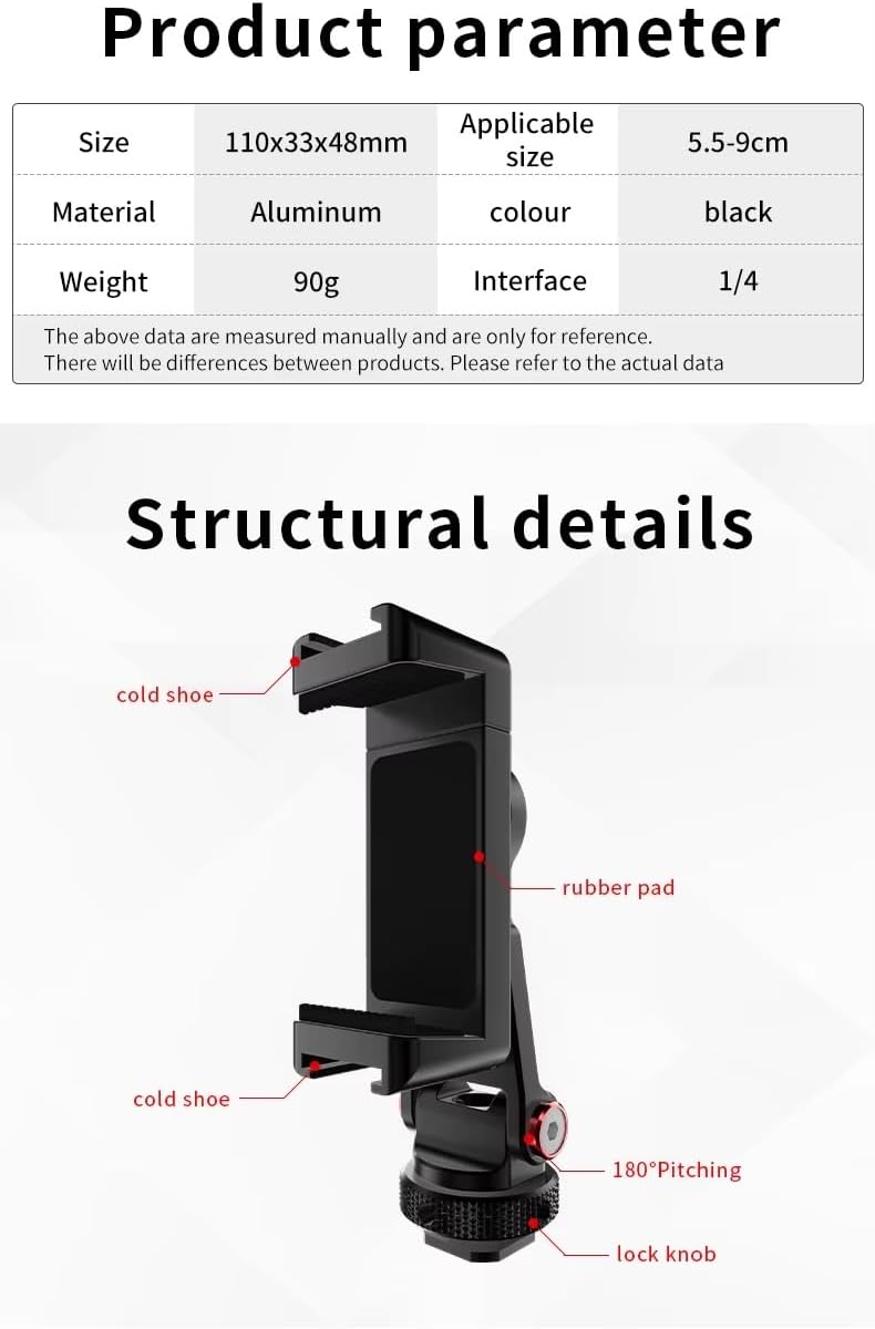 Reflex Camera 1/4"-20 Premium Universal Aluminum Phone Clamp Tripod Mount with Twin Cold Shoe, Screw Mount for Easy