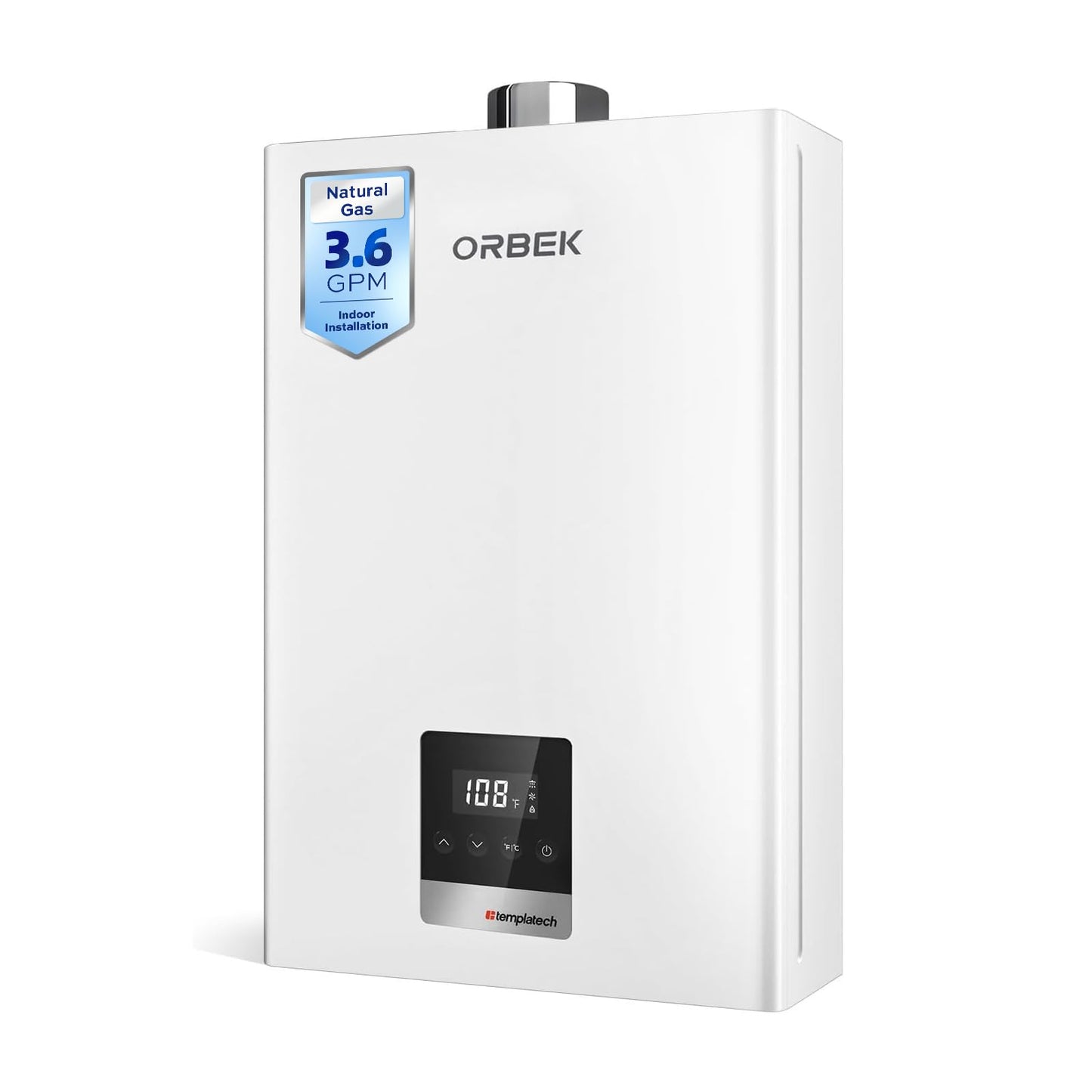 ORBEK Natural Gas Tankless Water Heater 80,000 BTU 3.6 GPM Indoor CSA Certified Low Flow 0.53 GPM On-Demand for Cabins Tiny Homes 1-Bathroom with Remote Control LED Display