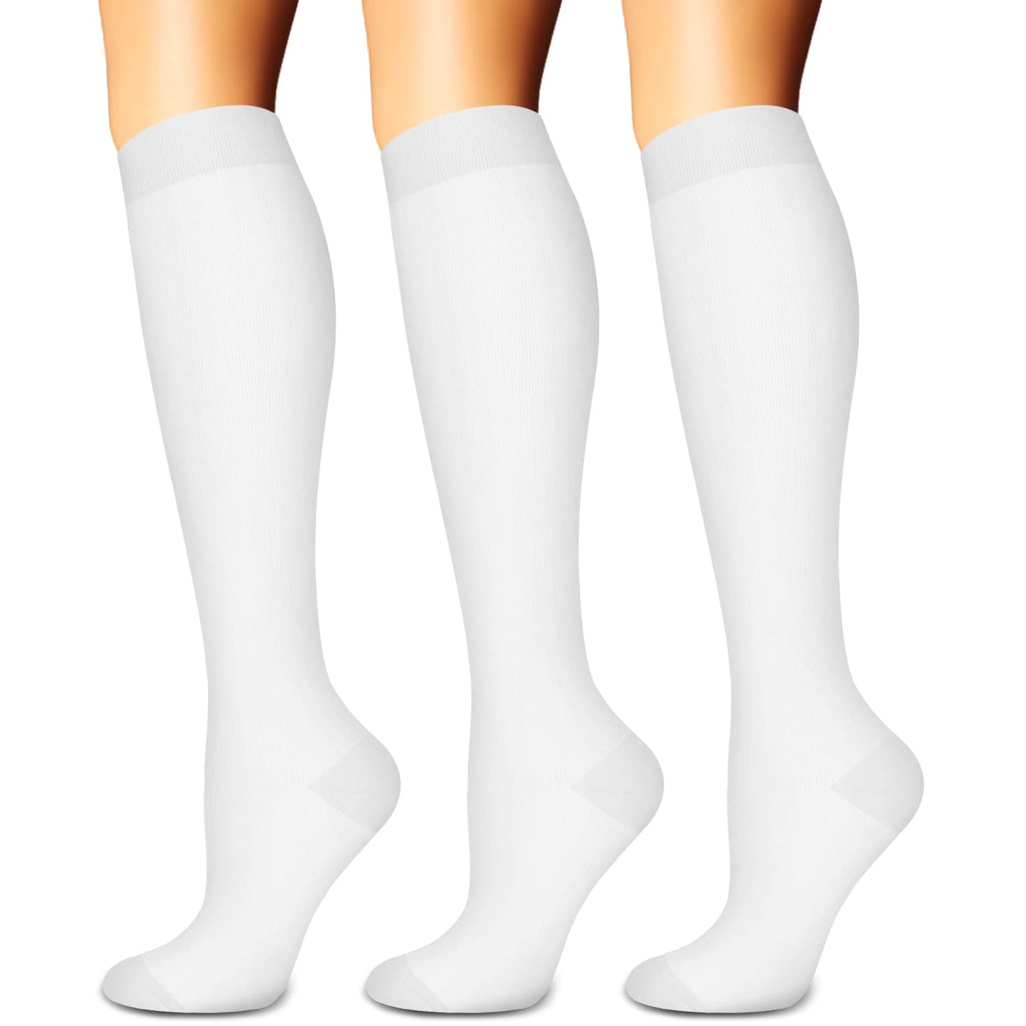 Compression Socks for Women & Men Circulation (3 Pairs) - Best Support for Athletic Running Travel Hiking Nurse Gifts, 15-20 mmHg Knee High Stockings Medical Long White Socks, S-M