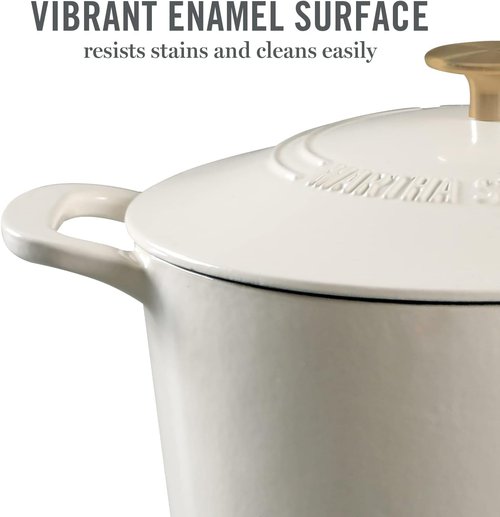 Martha Stewart Gatwick 7-Quart Enamel Cast Iron Dutch Oven - Linen White with Gold | Durable for Slow Cooking & Baking