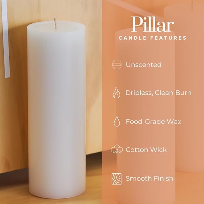 Simply Soson 3x8 inch White Pillar Candles Set of 3, Smooth Texture, Unscented White Candles, Dripless Candles, 3 inch Pillar Candles Ideal as Wedding, Parties, Spas, Dinner, Home Decoration, Church
