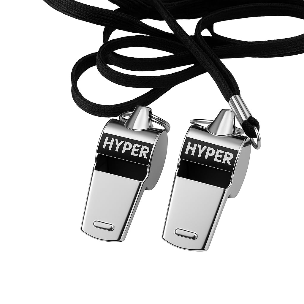 HyperSteel Stainless Steel Sports Whistles (2 Pack) with Lanyards - Super Loud - Durable - Clear Sound - Ideal for Coaching, Referee, Survival, Emergency, Dog Training, Boating, Hunting.