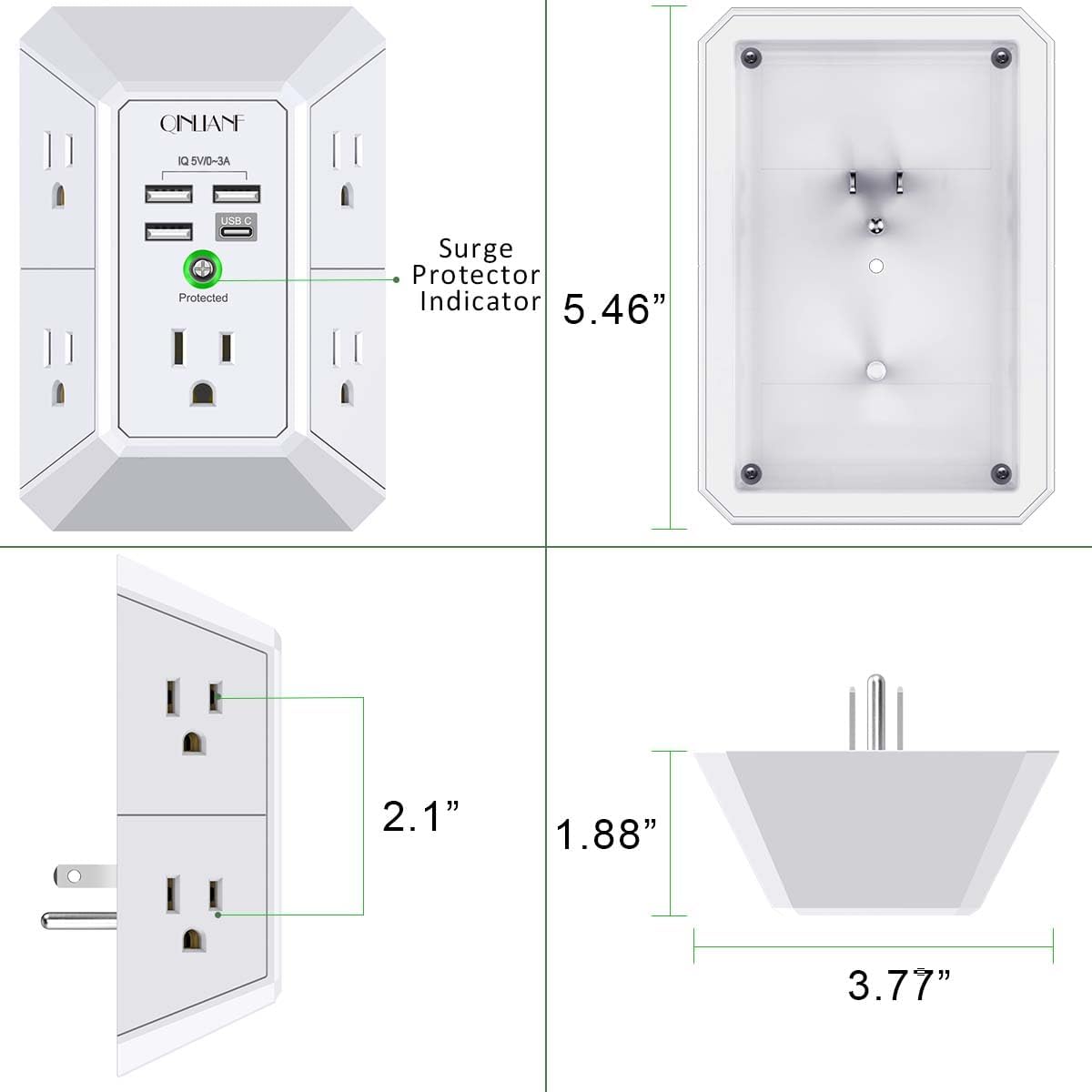 QINLIANF Wall Charger - 5 Outlet Surge Protector with 4 USB Ports | 3-Sided 1680J Power Strip for Home & Office