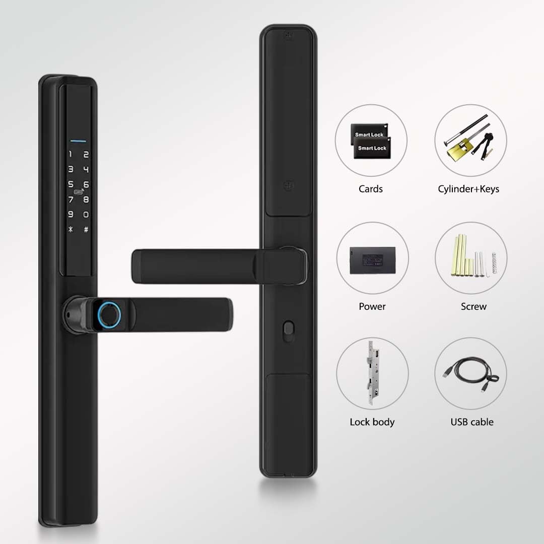 Smart Door Lock for Sliding Doors – 6-in-1 Keyless Entry with Fingerprint, Passcode, IC Card, Tuya App Control, Physical Key + Built-in Doorbell, Auto-Lock, Sleek Black Aluminum, Easy Installation