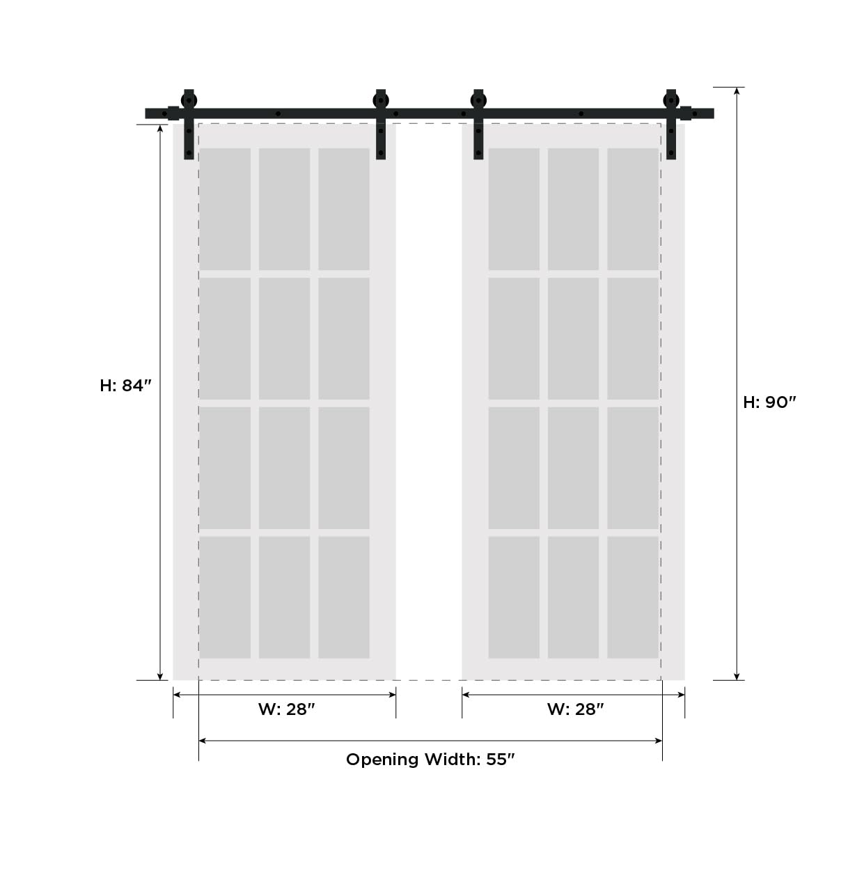 SARTODOORS Sturdy Double Barn Door with Frosted Glass 12 Lites | Felicia 3312 Matte Black | 13FT Rail Hangers Heavy Set | Solid Panel Interior Doors-56" x 84" (2 * 28x84)-Silver Rail
