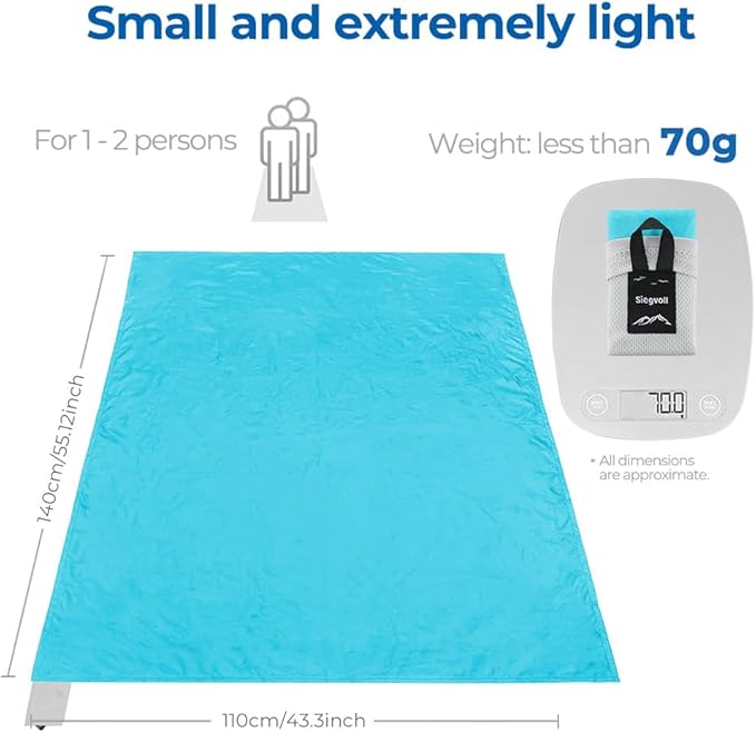 Pocket Picnic Blanket for 1-2 Persons, 43.3x55.12″ Sand Free Beach Blanket, SandProof Waterproof Foldable Beach Mat, Lightweight Picnic Mat for Outdoor Hiking Camping Travel(Blue)