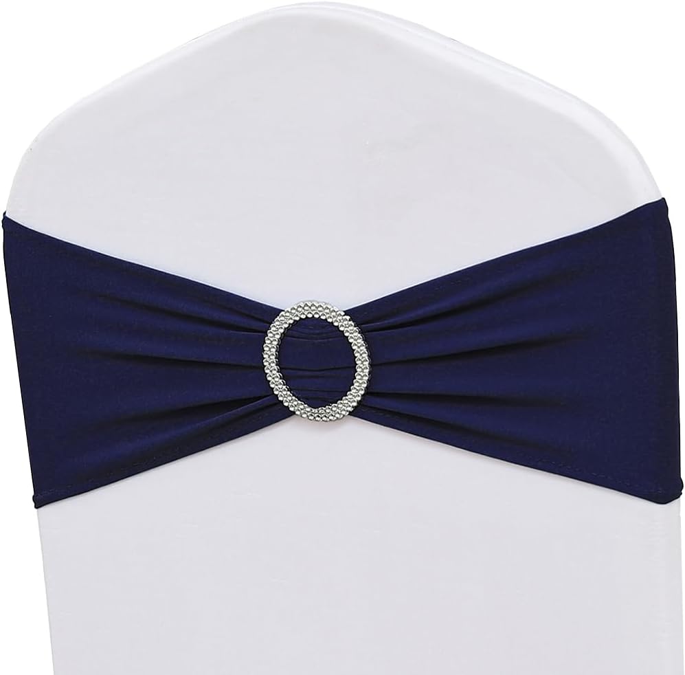 Skiennix 50 Pack Navy Blue Spandex Chair Sashes - Stretch Bands with Buckles for Weddings & Events