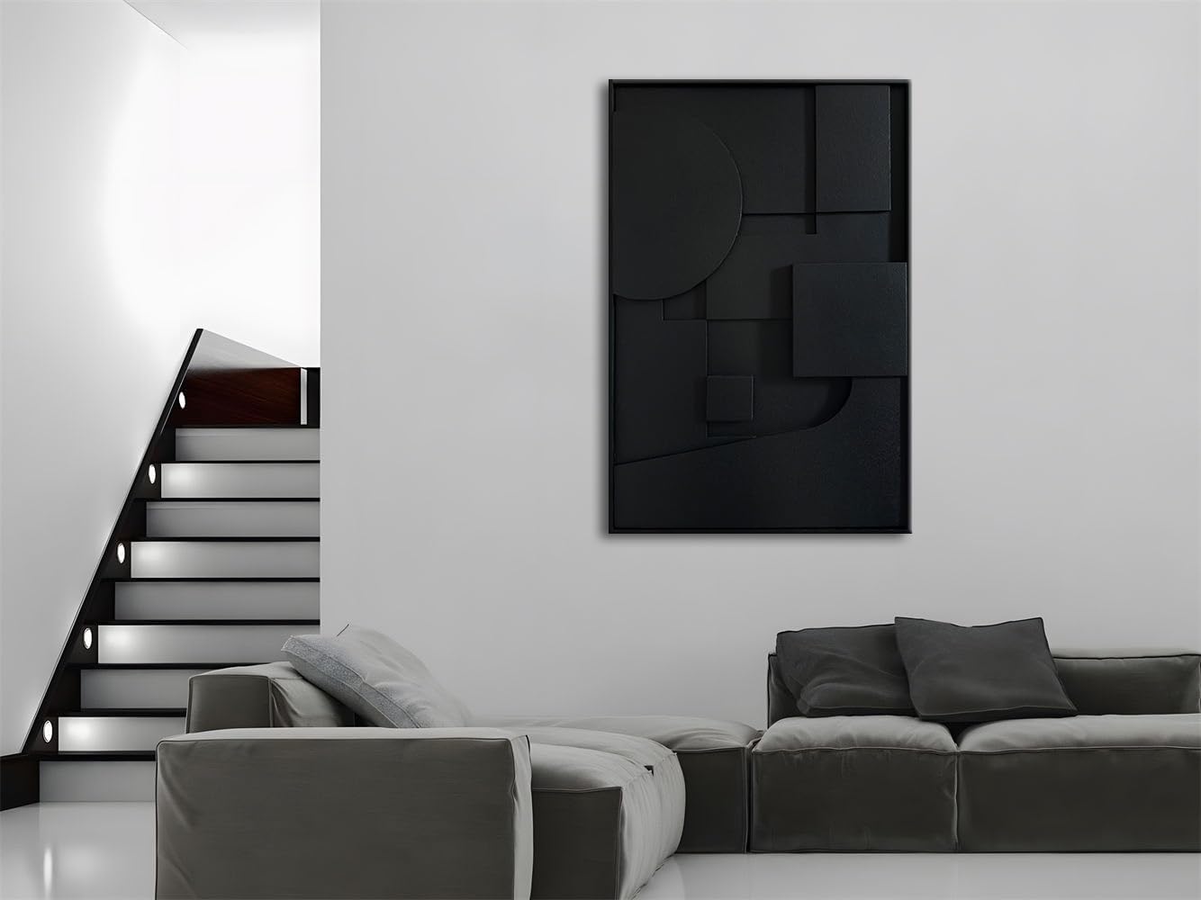 Slyart Black Textured Wall Art - Handmade 3D Abstract Relief Painting | Framed Vertical Art 24x36 Inch