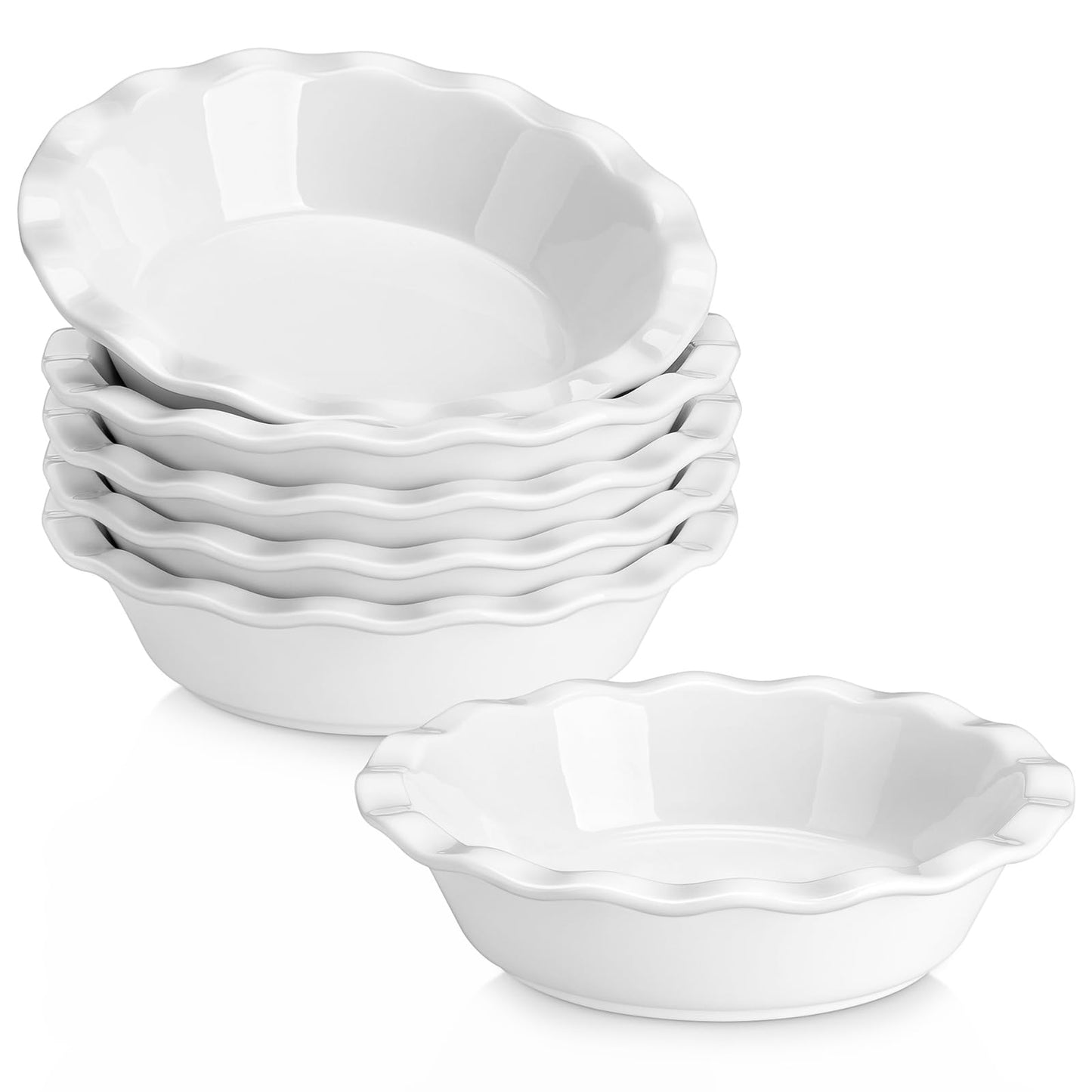 MALACASA Ceramic Mini Pie Pans Set of 6, 6 Inch Pie Plates for Baking with Ruffled Edge, Small Quiche Baking Dish Pans Tart Pans, Individual Pot Pie Plates, Microwave & Oven Safe, White