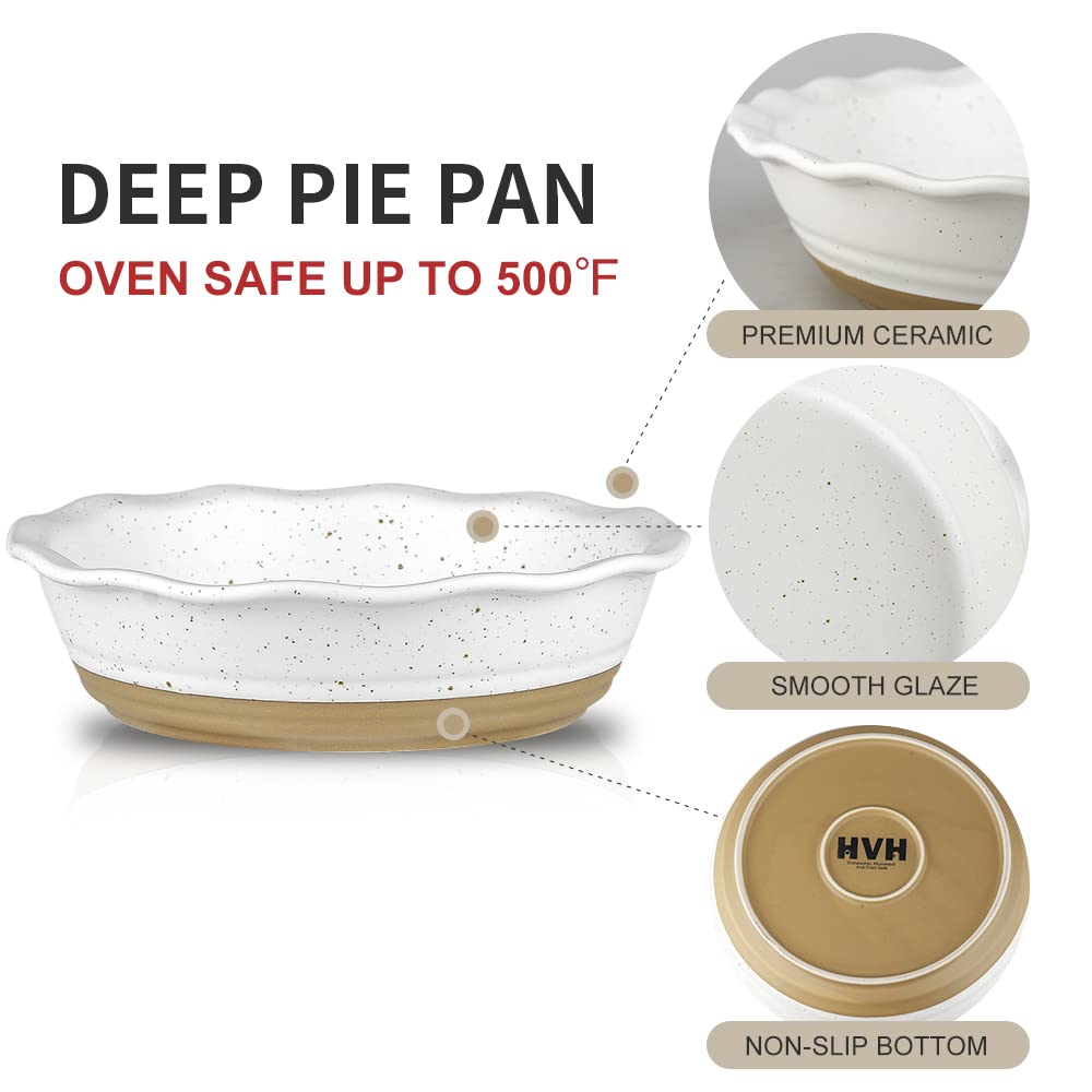 HVH 10 inch Pie Pan for Baking, Ceramic Pie Dish, Deep Dish Pie Plate for Dessert Kitchen, Deep Dish Pie Pan with Fluted Edge, Set of 2, Farmhouse Style (White)
