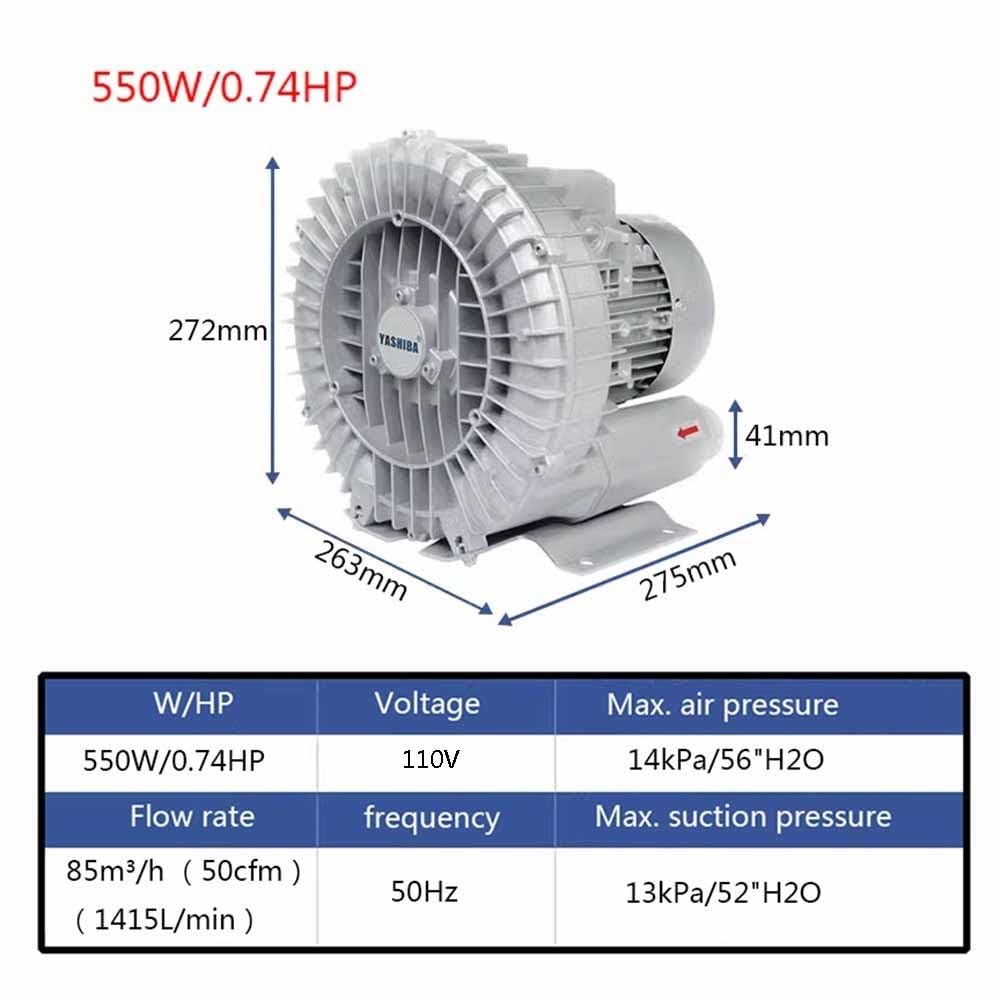 Regenerative Blower 0.5HP/0.74HP/1.49HP 110v Single Phase, Aluminum Alloy High-Pressure Vortex Ring Blower, Industrial Vacuum Pump for Air Blowing(550W/0.74HP)