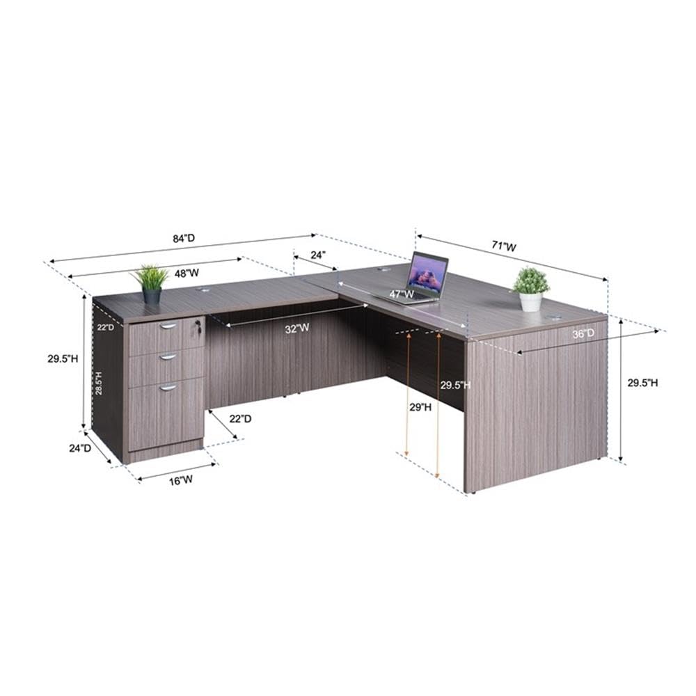 Pemberly Row Contemporary L-Shape Desk with Pedestal in Mahogany