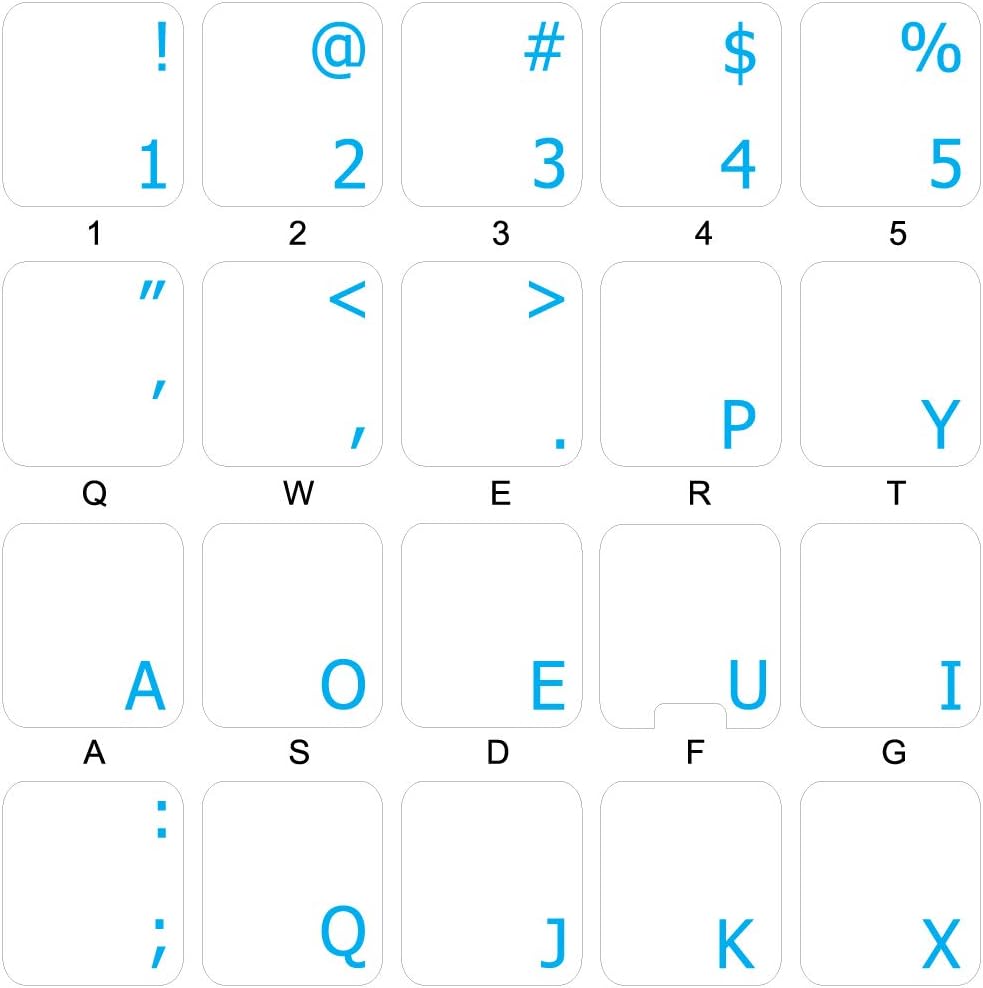 4Keyboard Dvorak Simplified Keyboard Stickers with Blue Lettering ON Transparent Background
