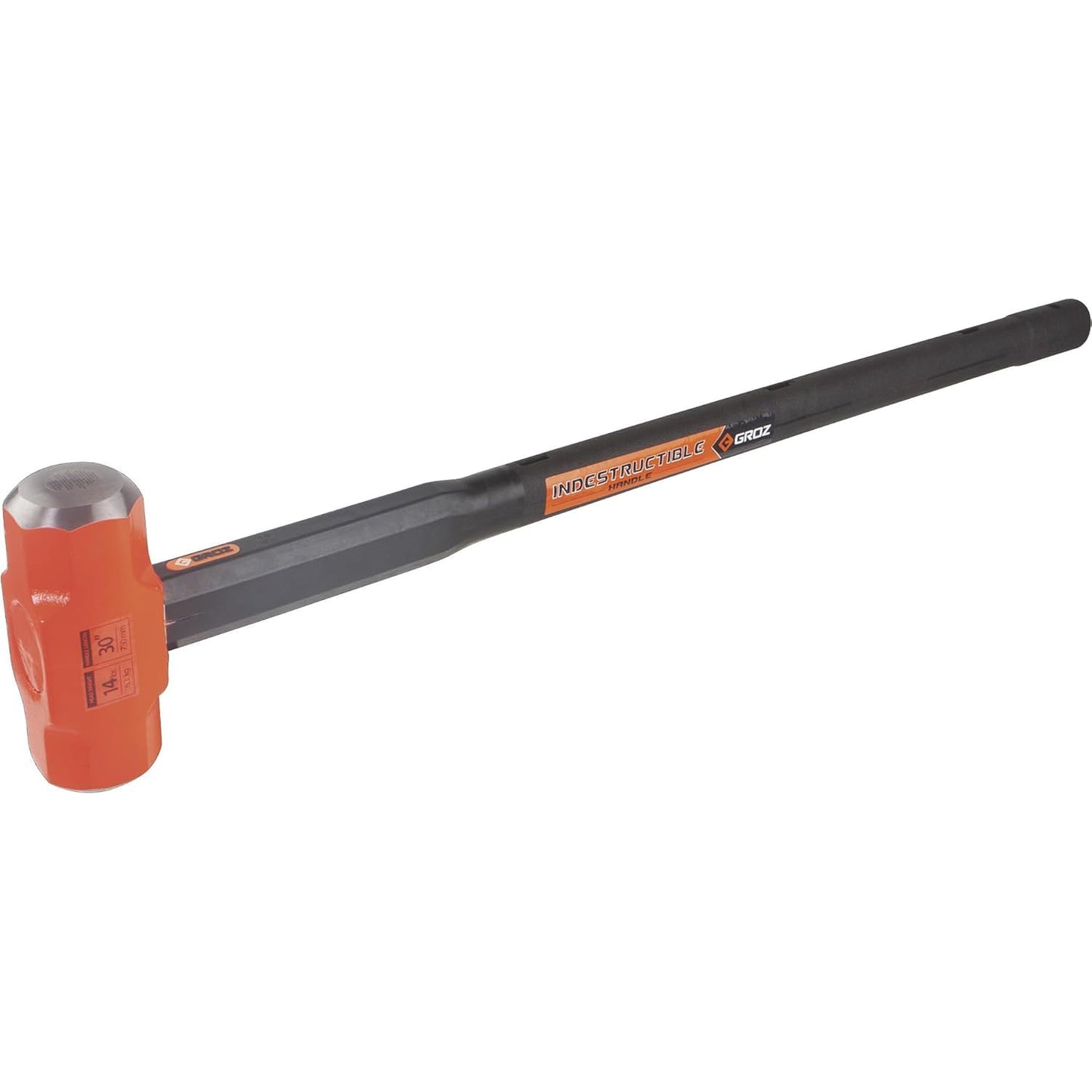 Groz Heavy Duty Sledge Hammer, 14 lb Head, 30 in Indestructible Handle with 6 Spring Steel Bars, 50-58 HRC Forged Head, Rubber Grip, Hi-Vis Orange, BS 876 / ANSI/SANS 387:2014 (34516)