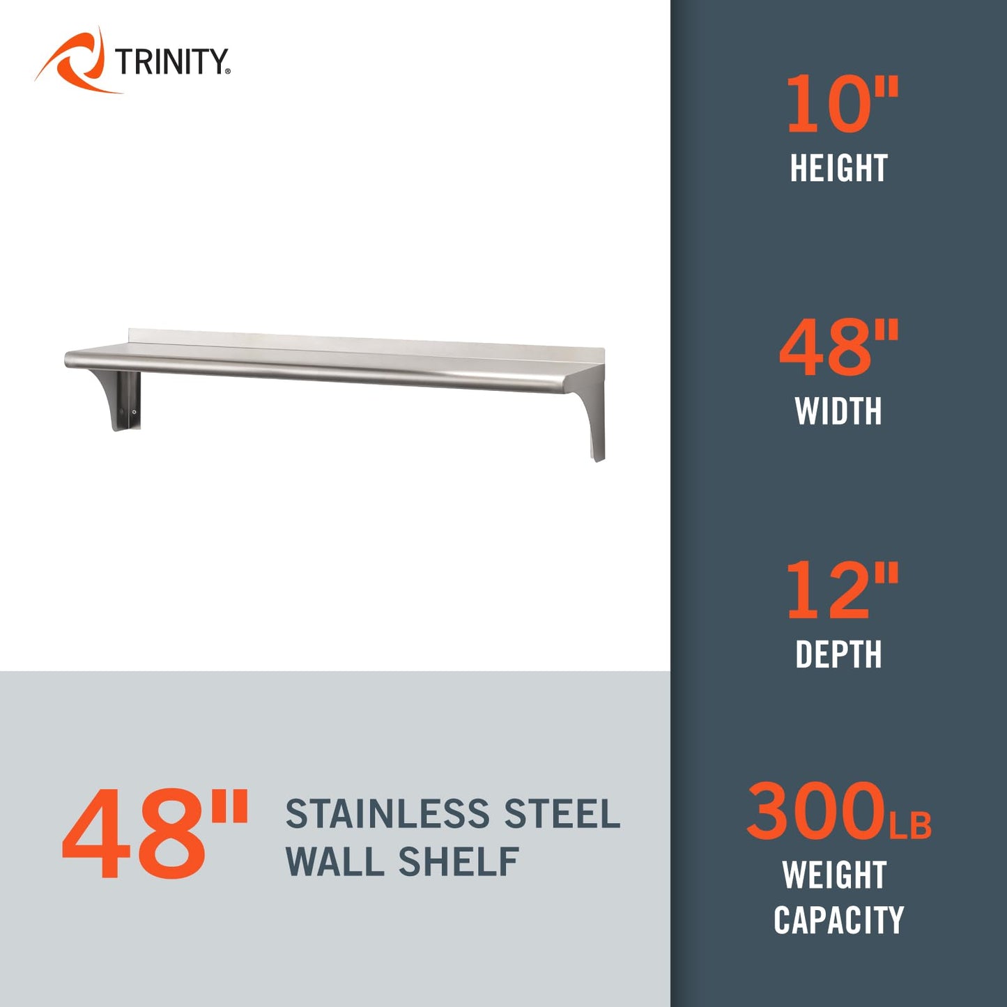 Trinity THA-3326 EcoStorage NSF Commercial-Grade Stainless Steel Wall Shelf for Kitchen, Garage, Pantry, Storage, 48” W x 12” D x 10” H