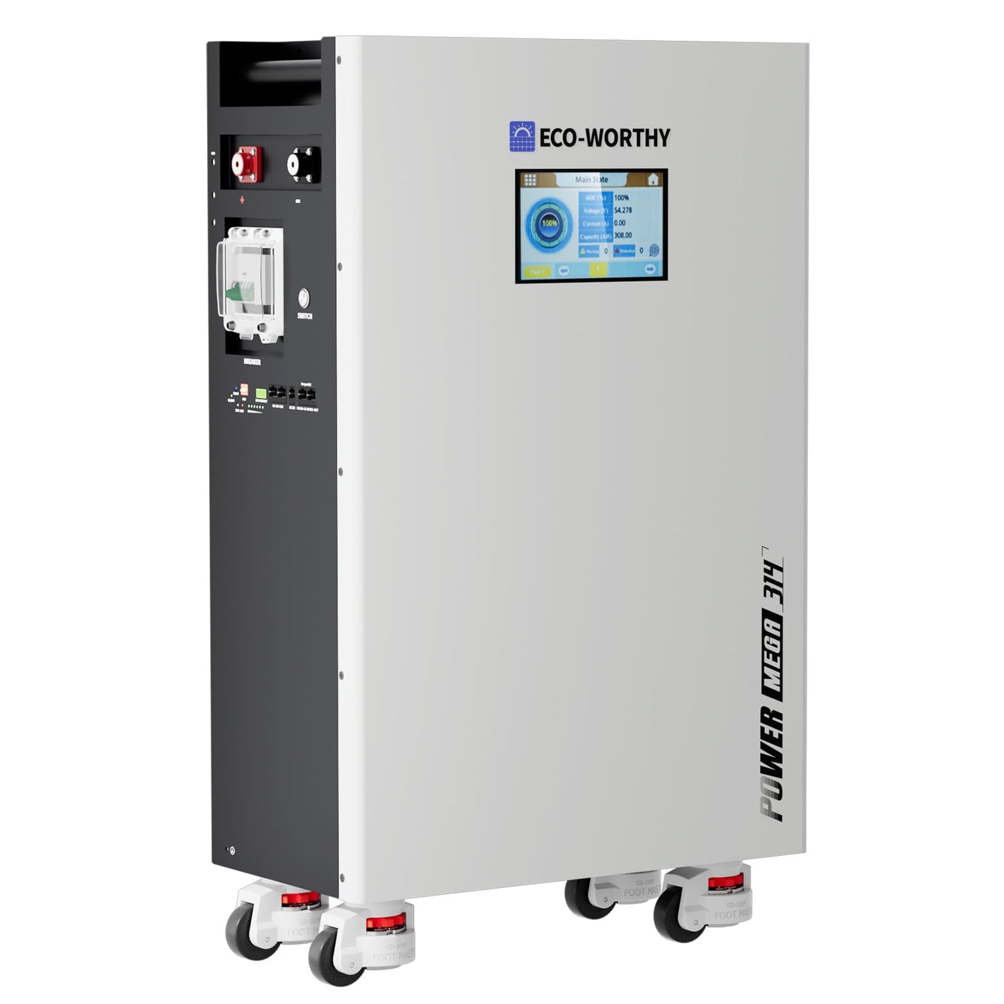 ECO-WORTHY Powermega 48V 314Ah LiFePO4 Battery, 16.1kWh Energy Storage with Breakers, 200A Active Balancing BMS, Aerosol Fire Protection,7" LCD and Bluetooth, RS485/CAN/RS232 for Off-Grid&Home Backup
