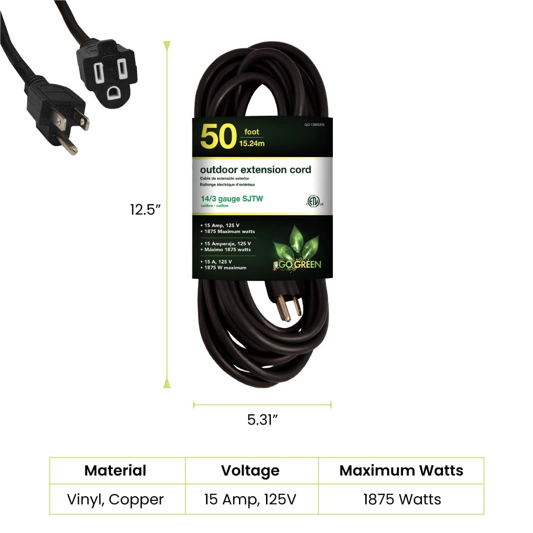 Go Green Power Inc. 50ft Outdoor Extension Cord, Black, Pack of 8-14/3 SJTW, Contractor Grade, Durable, and Moisture Resistant