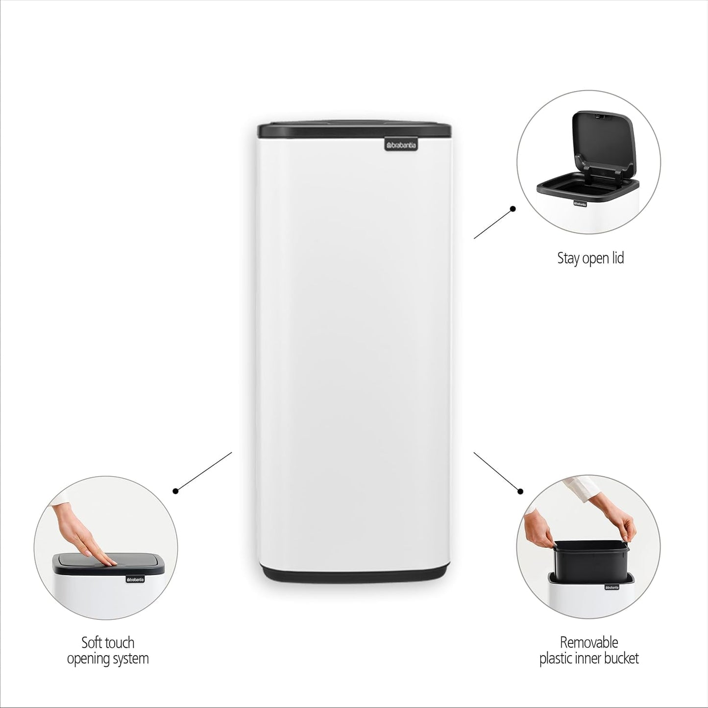 Brabantia Bo Touch Top 8 Gallon Square Trash Can | Matt Steel Fingerprint Proof | Soft-Touch Kitchen Trash Can, Removable Inner Bucket, Non-Slip Base | Sample Trash Bags Included
