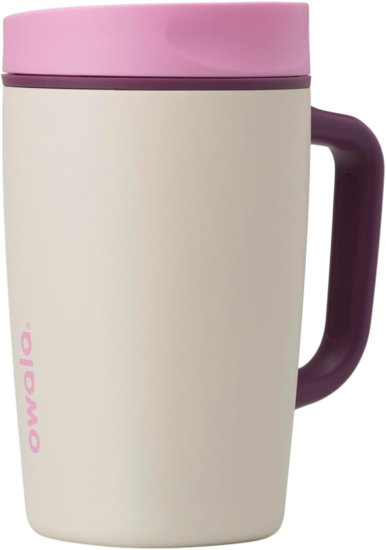 Owala SmoothSip Slider Travel Mug - 12oz Stainless Steel Insulated, 100% Leak Proof, Pink/Tan