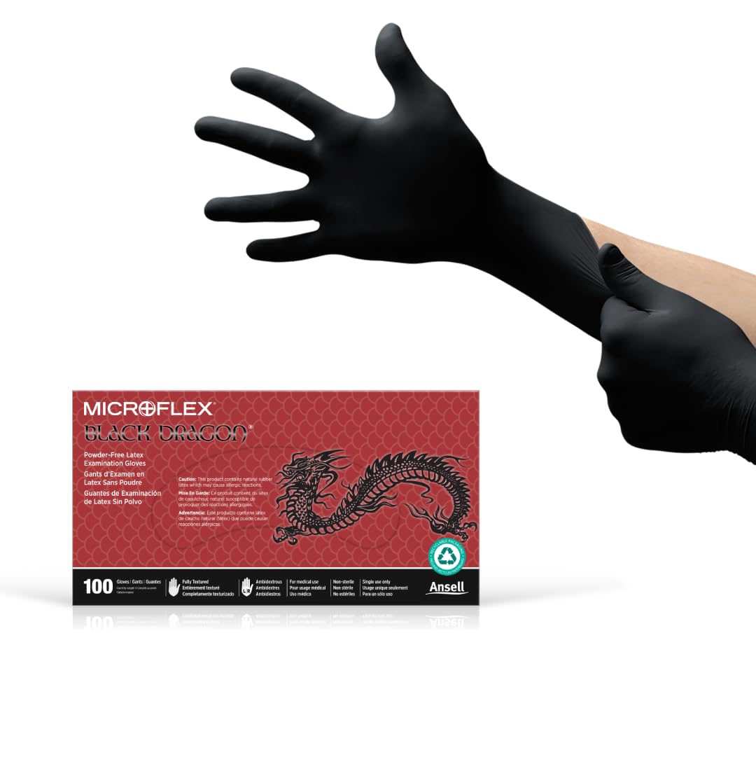 Ansell MICROFLEX Black Dragon BD-100L Heavy Duty 6.7 mil Latex Exam Gloves for Automotive, Food, Life Sciences, Healthcare, Size 8 (M), Black (Case of 2000)