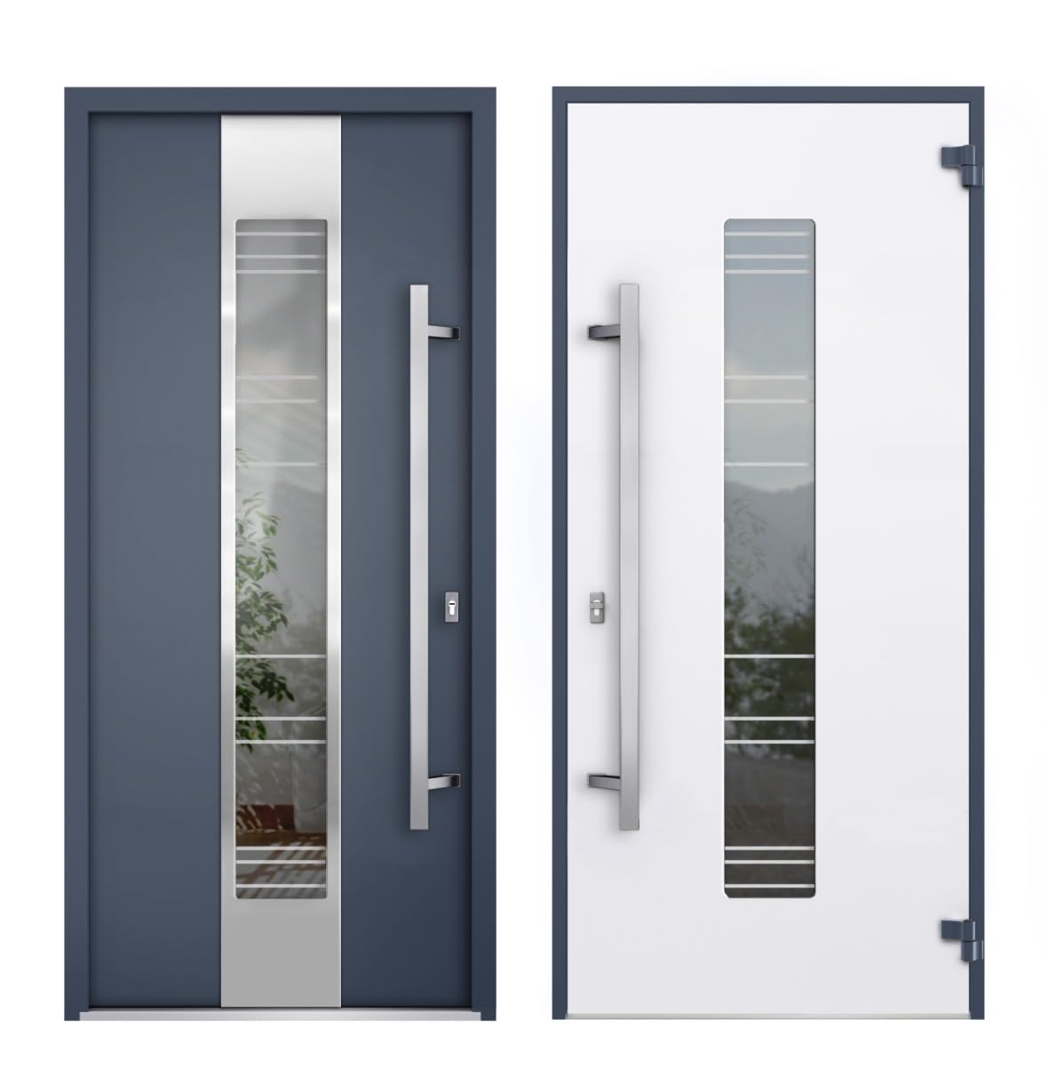 VDOMDOORS Front Exterior Prehung Steel Door/Deux 5755 Gray Graphite/Top Exterior Window/Stainless Inserts Single Modern Painted-W36 x H80+16"-Left-Hand Inswing