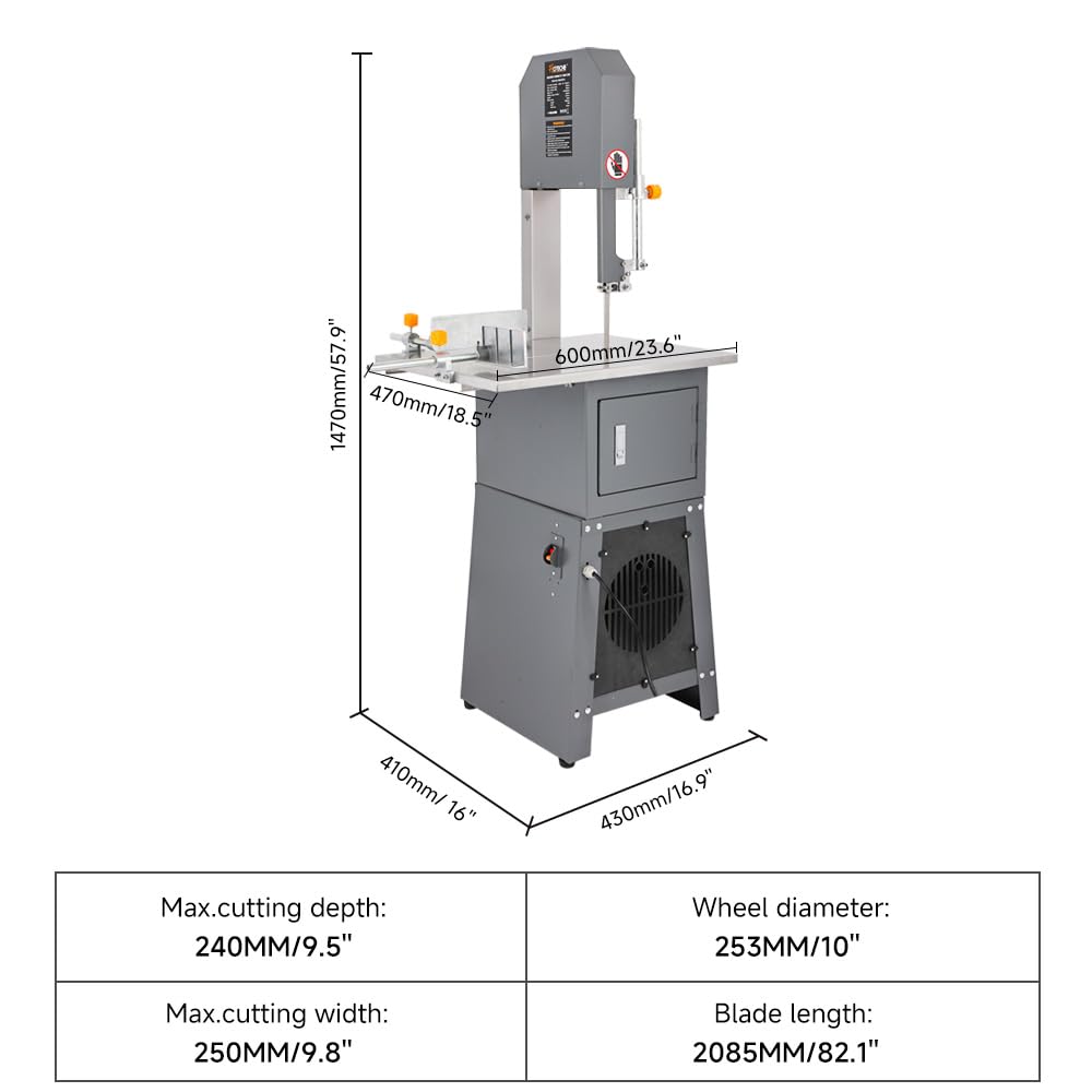 Hoteche 10-Inch Commercial Electric Meat Bandsaw - 550W, 9.5" Cutting Depth, 10" Cutting Width Ideal for Meat, Bone, and Frozen Food Processing