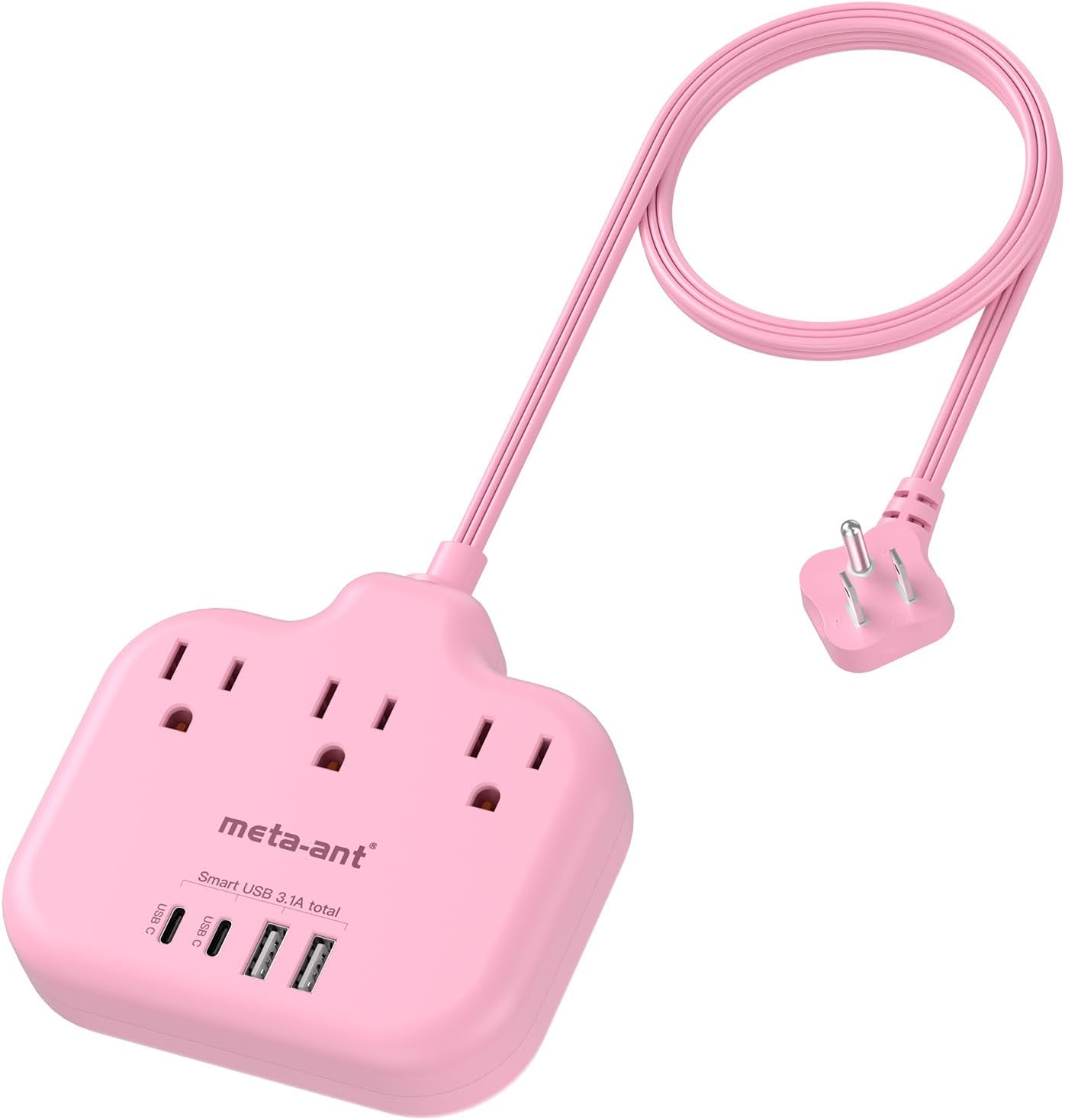 meta-ant 3 4 (2 1625W Pink Extension Cord with AC Outlets & USB Ports USB-C), Pink Desk Accessories, Cute Extension