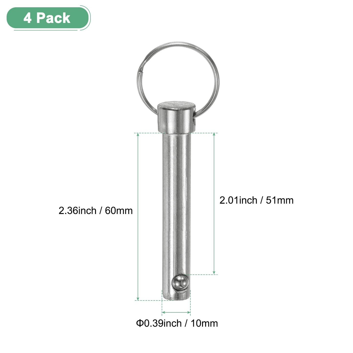 M METERXITY 4-Pack Quick Release Pins, 3/8" [10mm] Diameter, 2.01" [51mm] Usage Length Bimini Top Pin for Shipbuilding/Boat/Trailer, 2.36" [60mm] Total Length Carbon Steel Hardware Pins