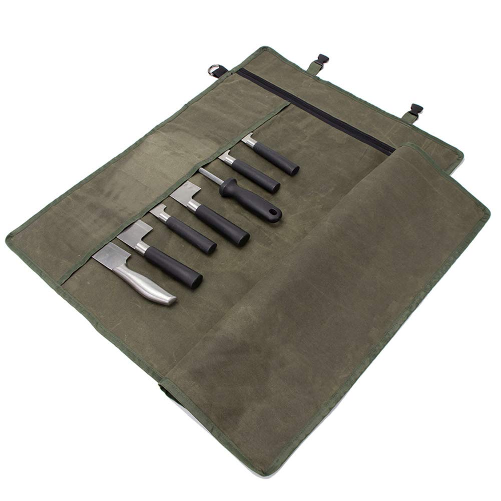 Chef’s Knife Roll Bag,Waxed Canvas Knife Cultery Carrier,Portable Chef Knife Cases,Knife Pouch Holders With 10 Slots Plus 1 Zipper Pockets Can Hold Home Kitchen Knife Tools Up To 18.8”