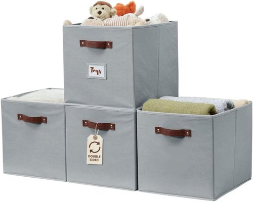 DECOMOMO Storage Baskets - 13x15x13 Cube Bins with Labels for Organized Shelves | Set of 4, Grey