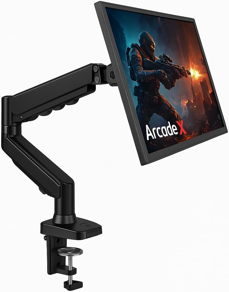 ArcadeX 13 32 Inch Grommet 4.4 22lbs Single Monitor Mount, to Gas Monitor Arm, Adjustable Stand, Vesa Mount with Clamp