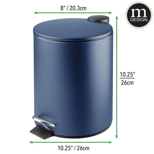 mDesign Metal 1.3 Gallon/5 Liter Round Step Trash Wastebasket, Garbage Container Bin with Lid for Bathroom, Powder Room, Bedroom, Kitchen, Craft Room, Office - Removable Liner Bucket - Navy Blue