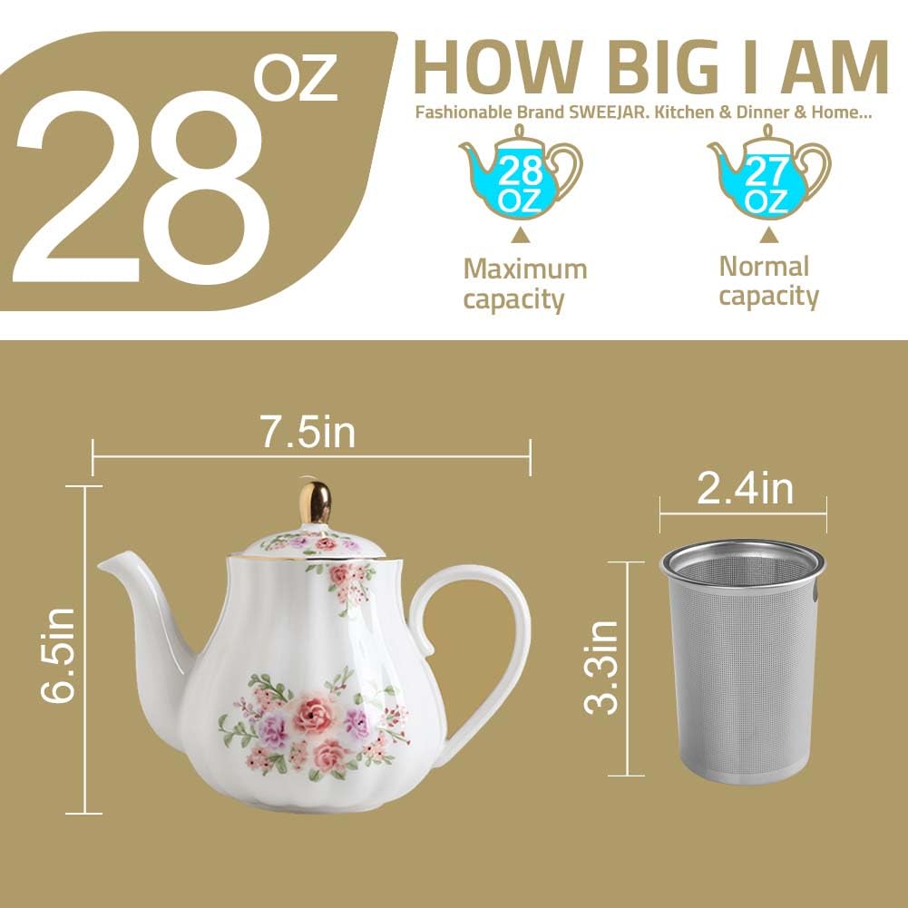 Sweejar Royal Teapot, Ceramic Tea Pot with Removable Stainless Steel Infuser, Blooming & Loose Leaf Teapot (Rose Flower, 28 Ounce)