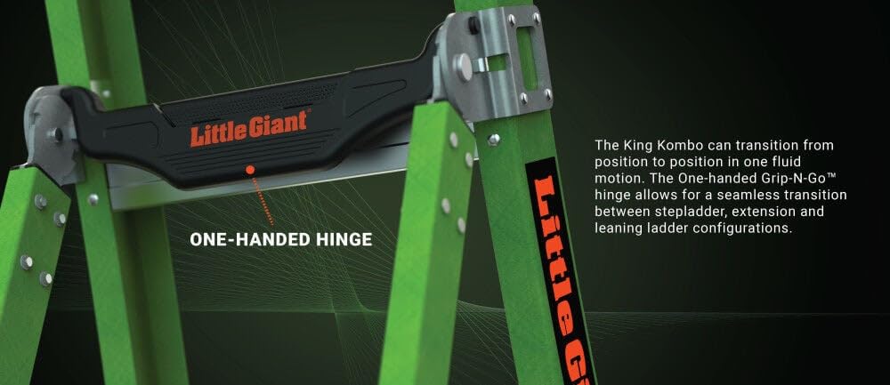 Little Giant Ladders King Kombo™ Industrial 5-Ft Multi-Position Ladder, Step/Extension/Leaning Modes, Non-Conductive Fiberglass, Rotating Wall Pad, Ground Cue, 375 Lbs. Capacity Type IAA