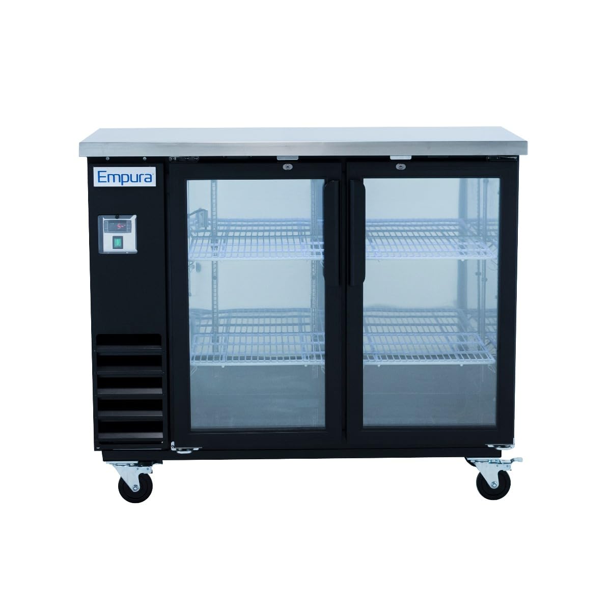 Empura 49" Back Bar Cooler Cabinet with 2 Swing Glass Doors | Commercial Refrigerator Fridge Beer Soda | 216 12-oz Bottle Capacity, 49.1”W x 24.4”D x 41.7”H, Stainless Steel Countertop, Black, 115v