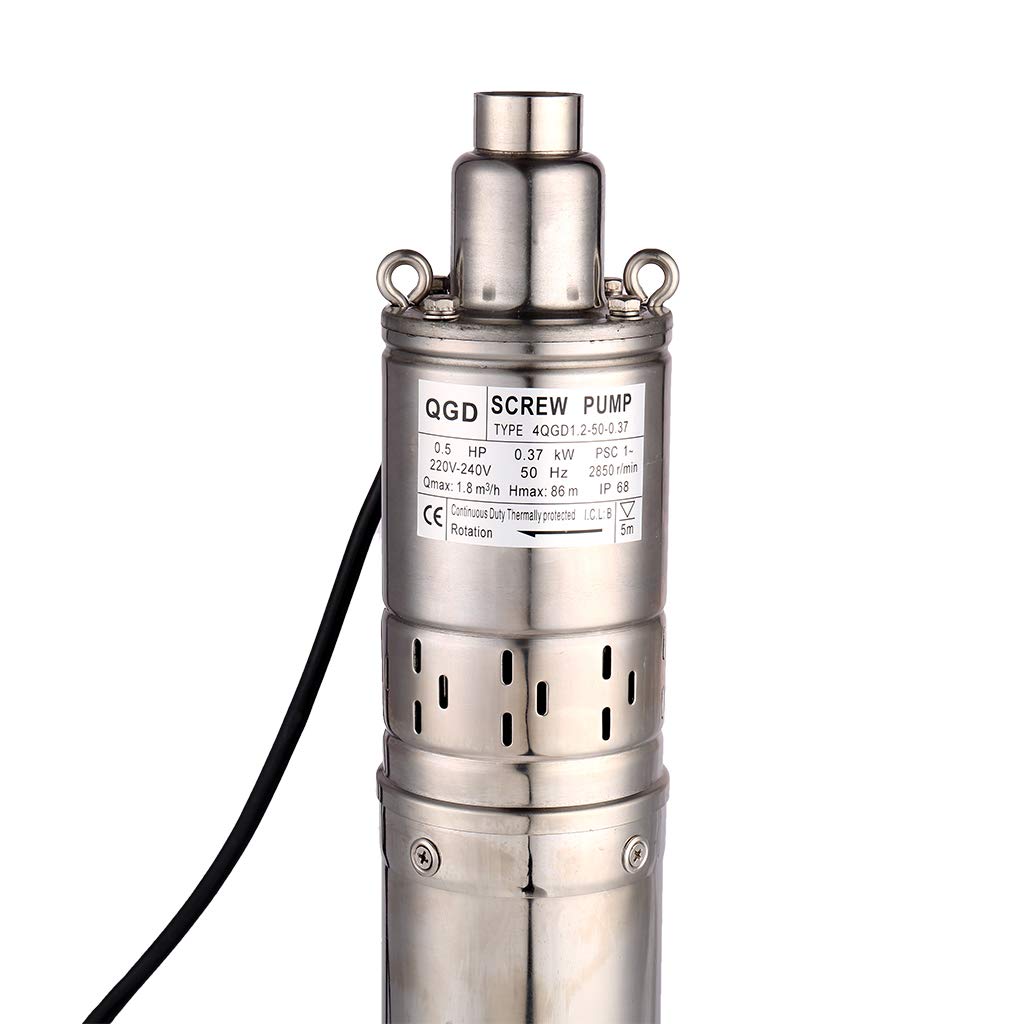 SHYLIYU 1/2HP Stainless Steel 4" OD Pipe Submersible Bore Pump 1inch Outlet Water Pump 86M Head Deep Well Pump Screw Submersible Water Pump for Industrial and Home Use, 220V/50Hz