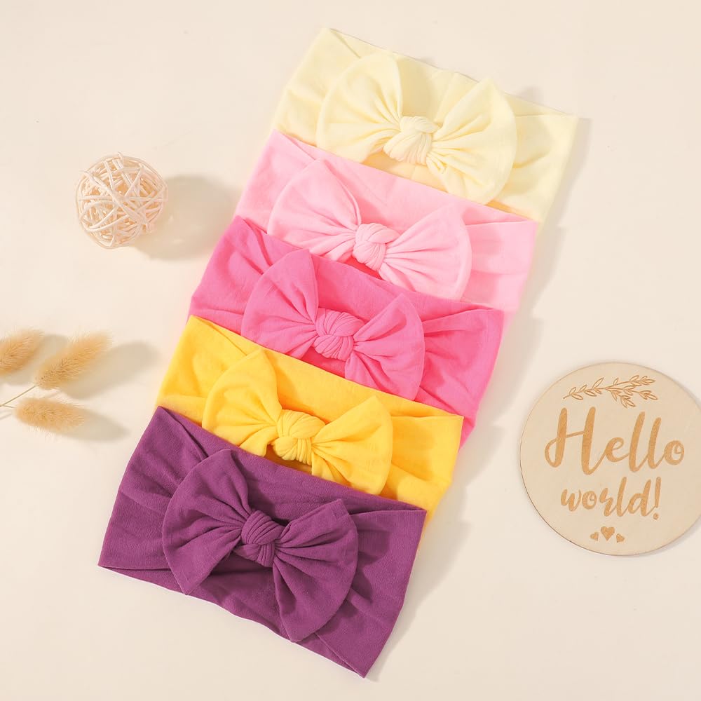 Skiennix 5Pcs Nylon Baby Bow Headbands - Soft, Stretchy Hairbands for Newborns & Toddlers